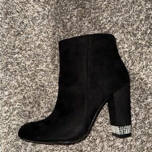 Black Women's Suede Block Heel Ankle Boot with Rhinestone Accent